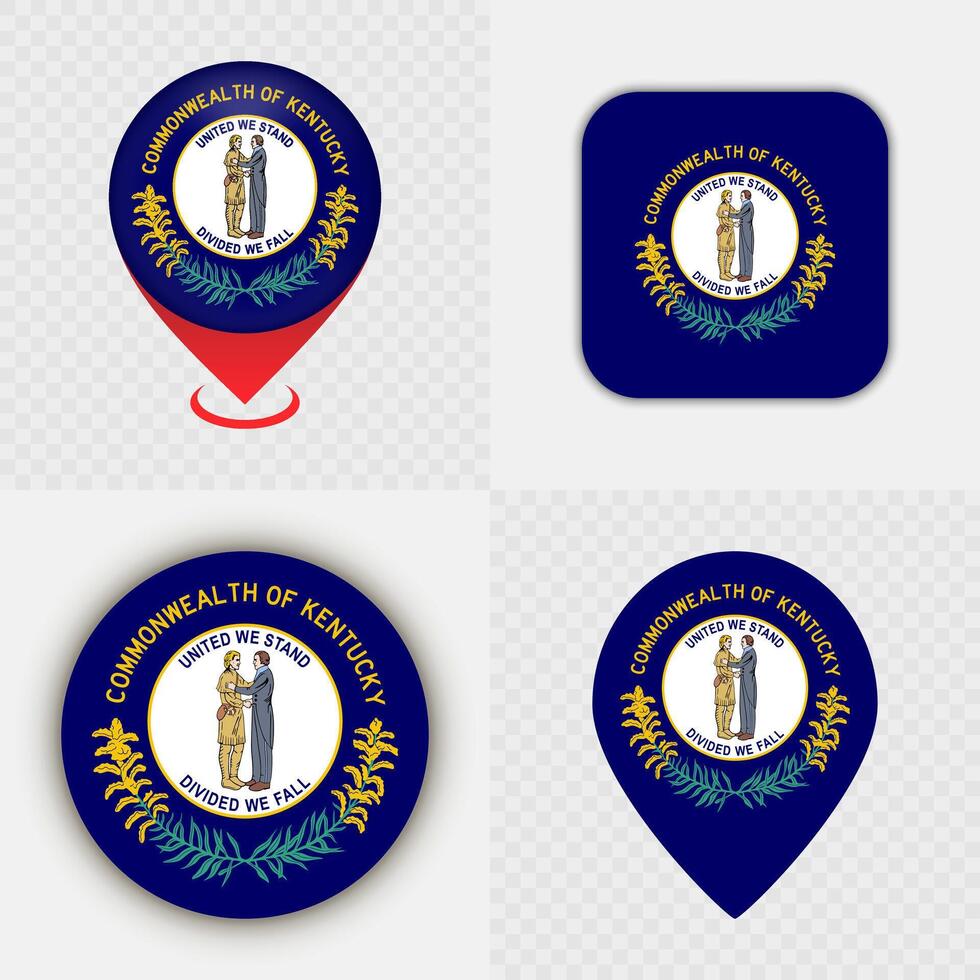 Set of Kentucky State Flag Icons and Map Pins. vector