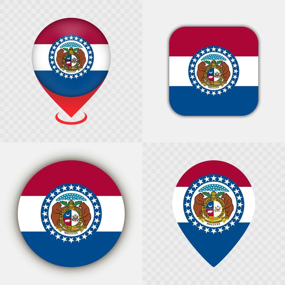 Set of Missouri State Flag Icons and Map Pins. vector