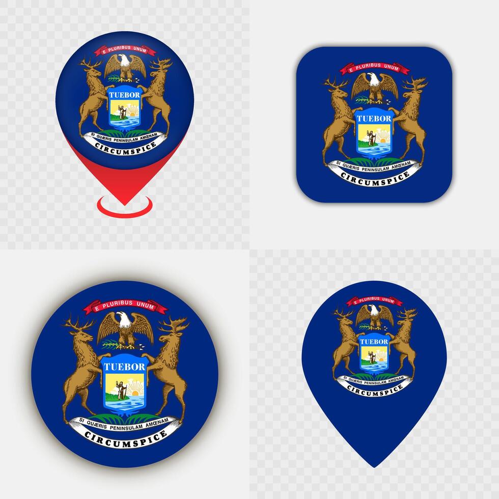 Set of Michigan State Flag Icons and Map Pins. vector