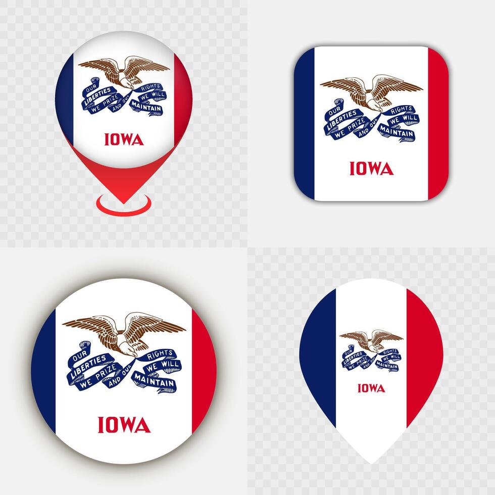 Set of Iowa State Flag Icons and Map Pins. vector