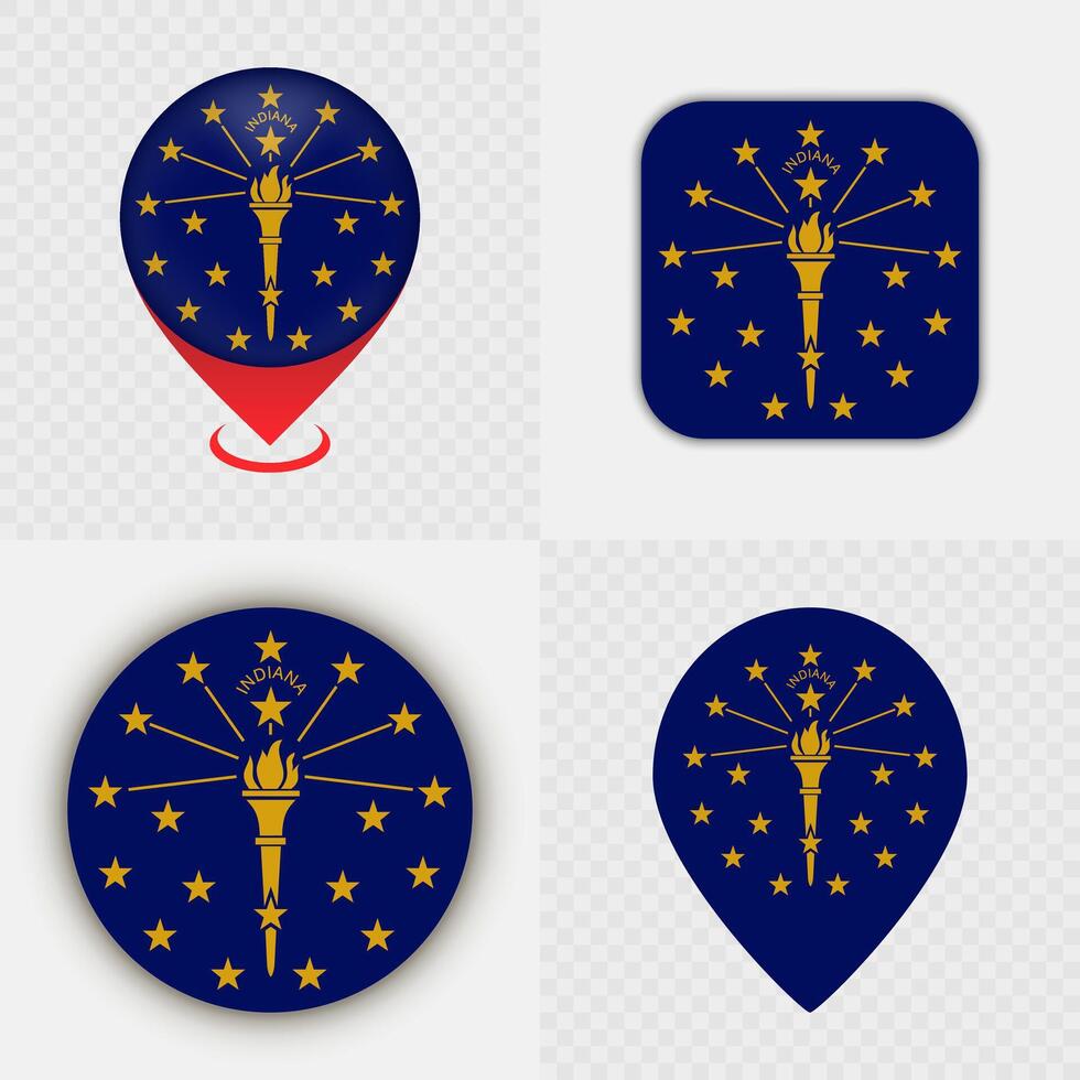 Set of Indiana State Flag Icons and Map Pins. vector