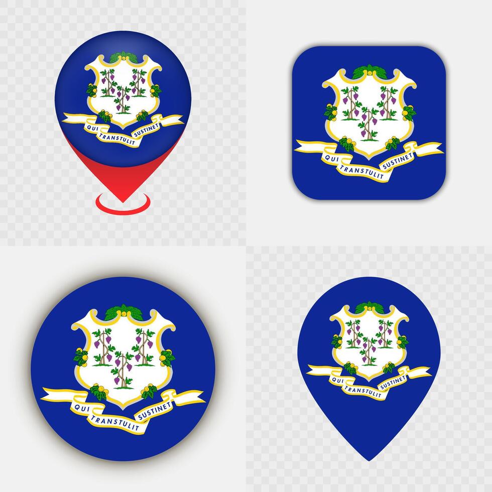 Set of Connecticut State Flag Icons and Map Pins. vector