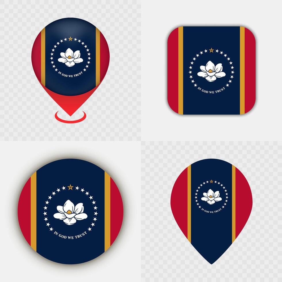 Set of Mississippi State Flag Icons and Map Pins. vector
