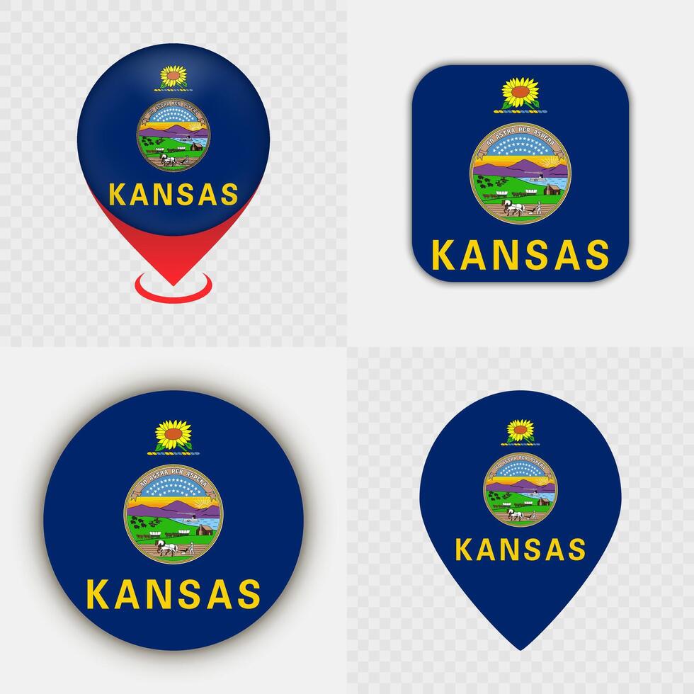 Set of Kansas State Flag Icons and Map Pins. vector