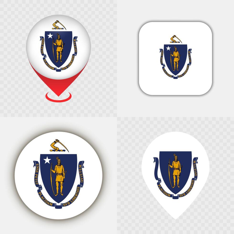 Set of Massachusetts State Flag Icons and Map Pins. vector