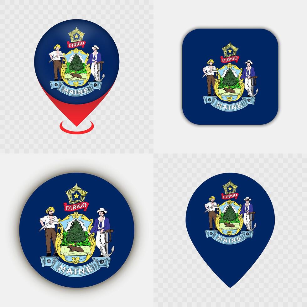 Set of Maine State Flag Icons and Map Pins. vector