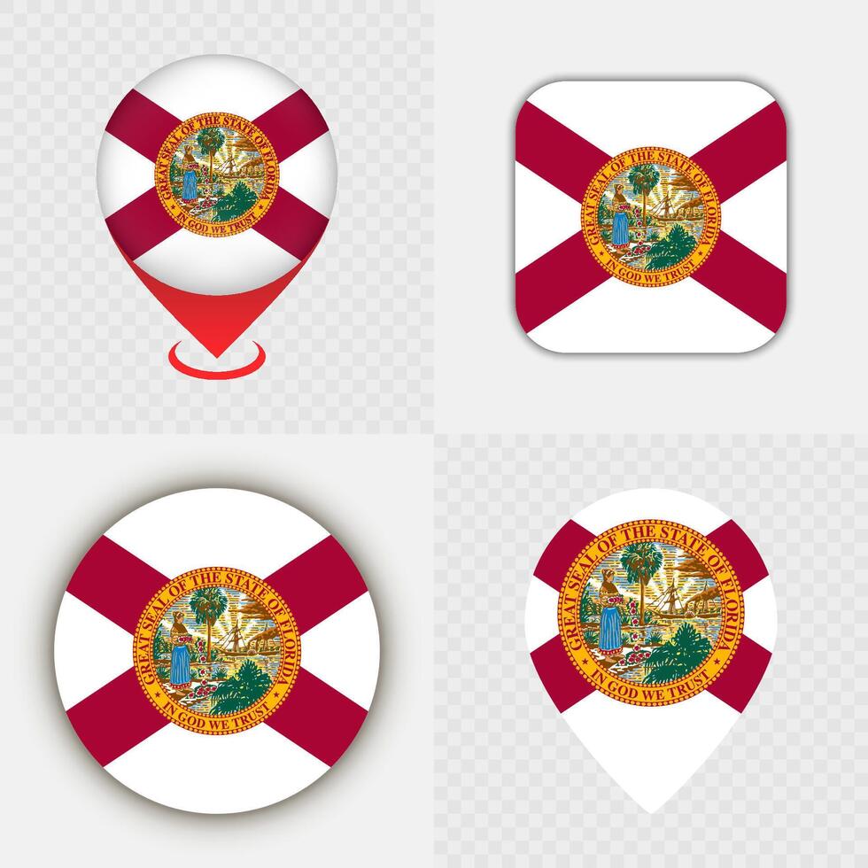 Set of Florida State Flag Icons and Map Pins. vector