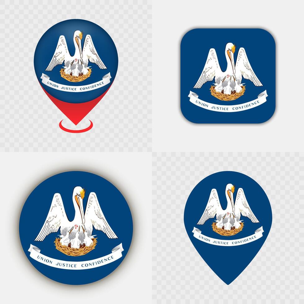 Set of Louisiana State Flag Icons and Map Pins. vector