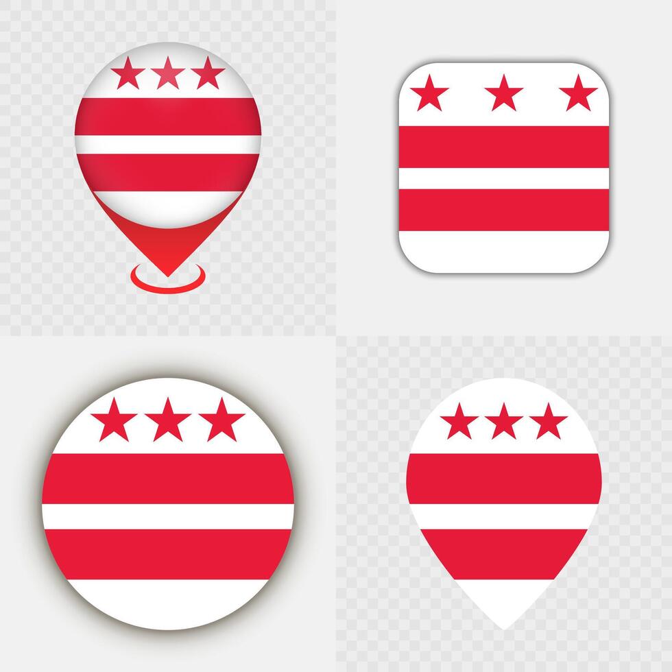 Set of District of Columbia State Flag Icons and Map Pins. vector