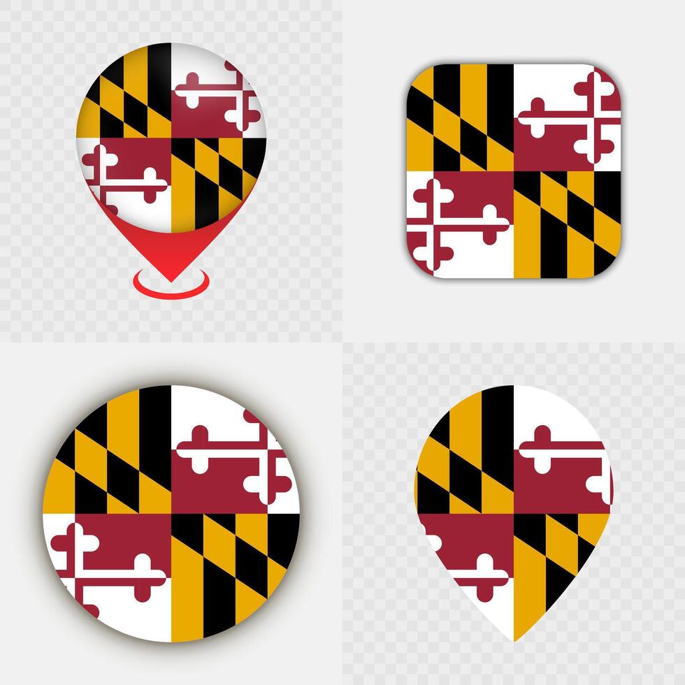 Set of Maryland State Flag Icons and Map Pins. vector