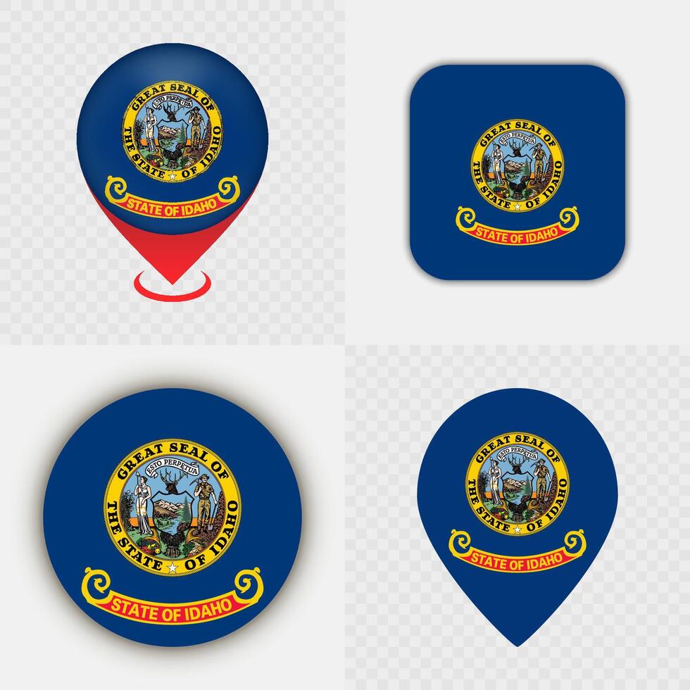 Set of Idaho State Flag Icons and Map Pins. vector