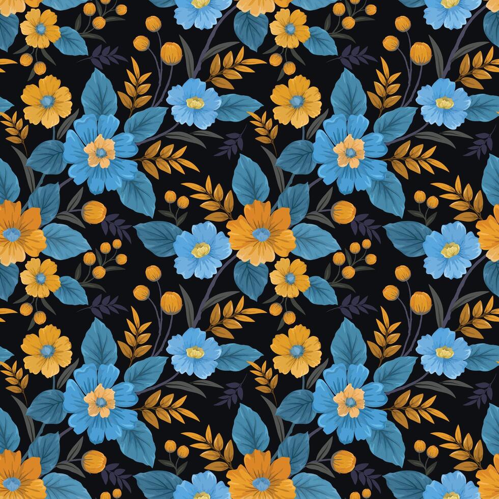 Yellow and blue flowers on black background seamless pattern for fabric textile wallpaper. vector