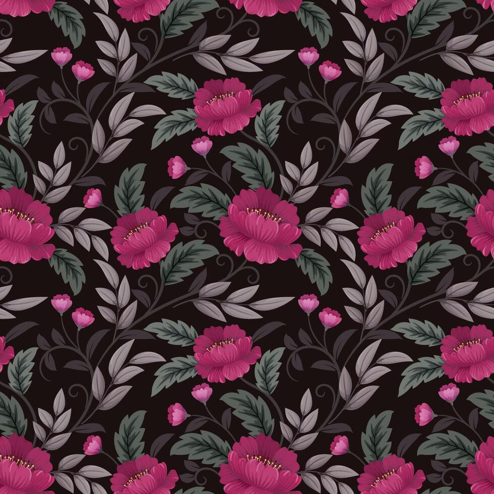 Floral pattern with pink flowers and green leaves vector