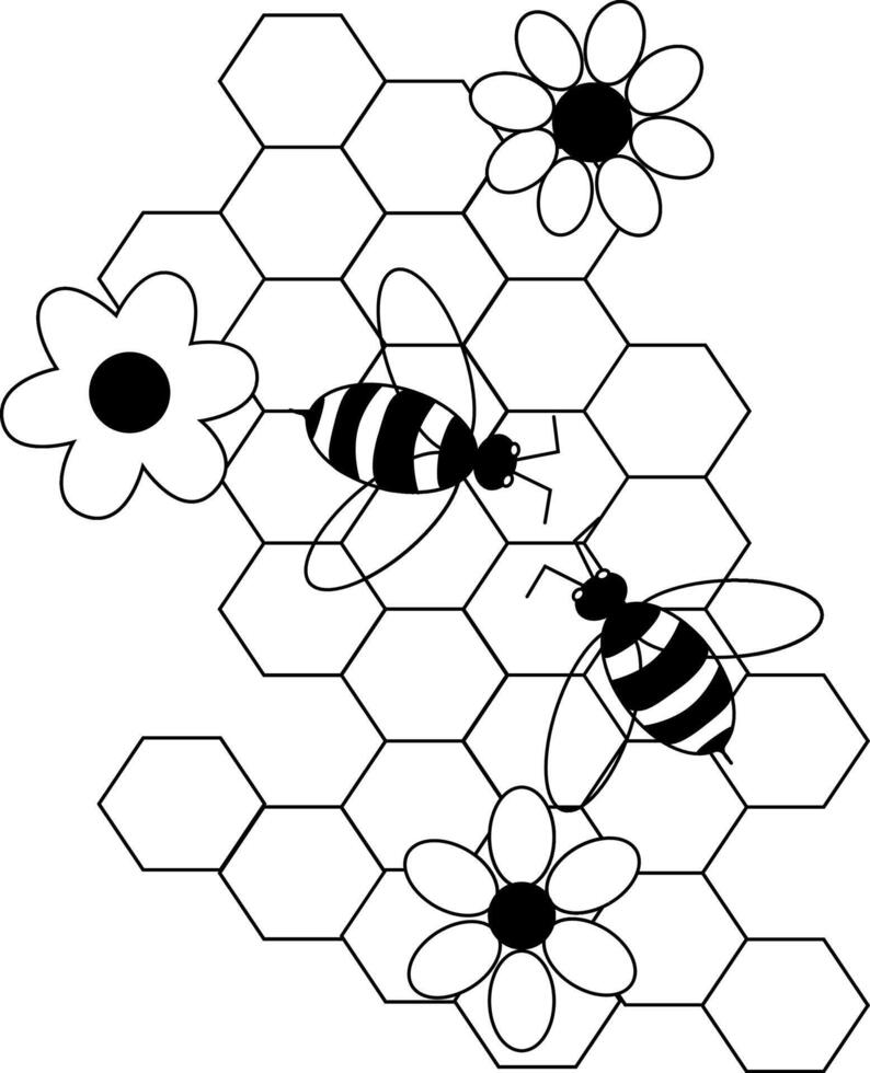 Honey set, honeycomb, bees and simple flowers composition. graphic line illustration. Sweet composition with blooming flowers and working bees on honeycombs background vector