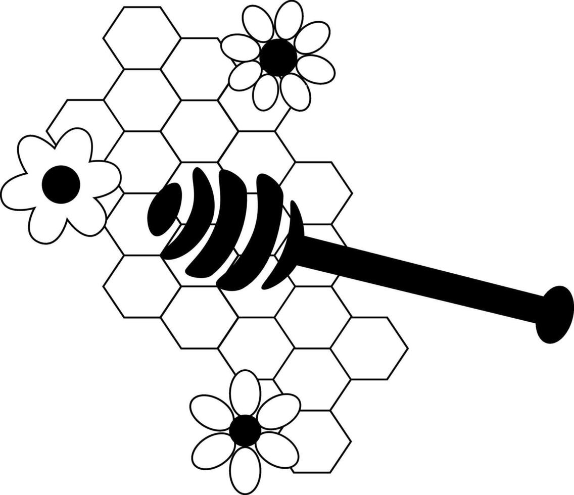 Honeycomb with honey spoon composition. graphic line illustration. Banner, poster, wrapping paper, sticker, print, modern textile design. For logo, web, package, sticker. vector