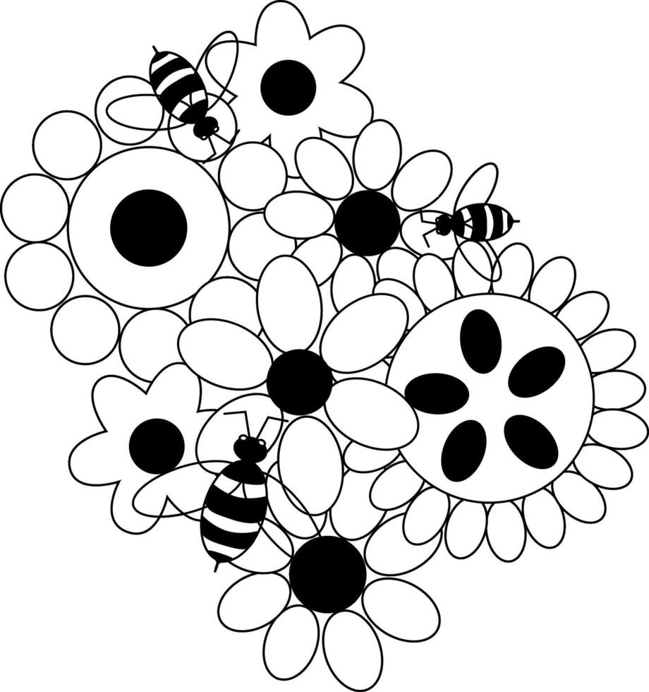 Flowers and honey bees composition. graphic line illustration. Banner, poster, wrapping paper, sticker, print, modern textile design. poster, invitation, backdrop, ad, sale vector