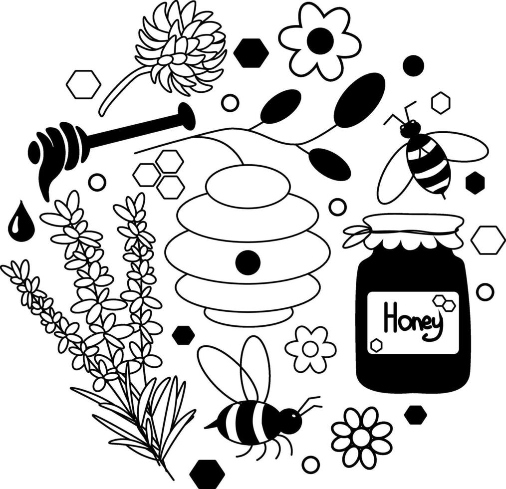Honey bees Round design with black and white composition. graphic line illustration. Silhouette sign for logo, print, comics, fashion, pop art, boards, design, stickers, decoration, posters vector