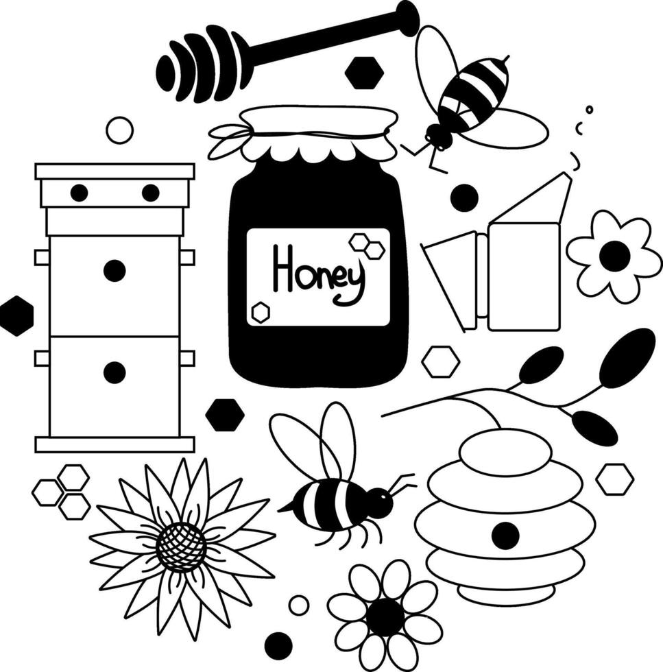 Honey cartoon doodle objects, symbols and items. Round composition. graphic line illustration. Banner, poster, wrapping paper, sticker, print, modern textile design. vector
