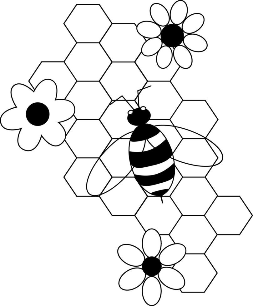 Bee, flowers and honeycomb composition. graphic line illustration. Minimalistic elegant composition with hexagons. for social network posting, greeting card or any honey advertisment vector