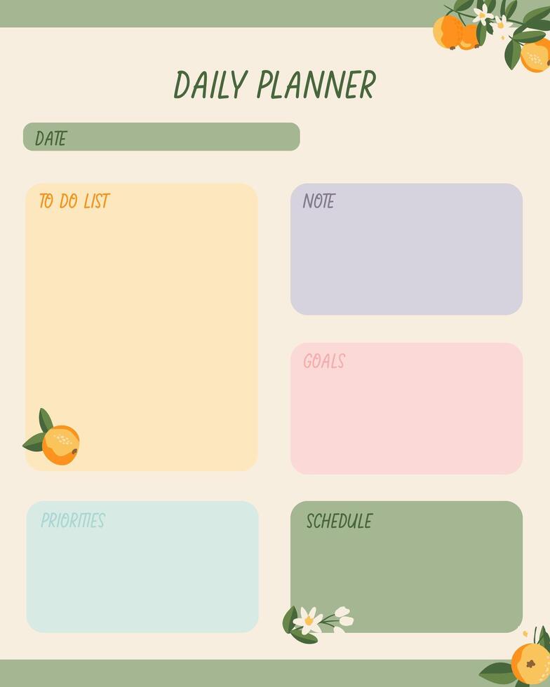 daily planner template with orange plant and flower background with schedule, goal, notes organizer vector