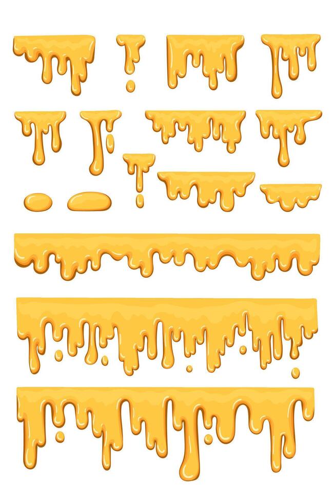 Sticky amber liquids, drops. Dripping melted honey sweet splash collection. Golden flow syrup fluid vector