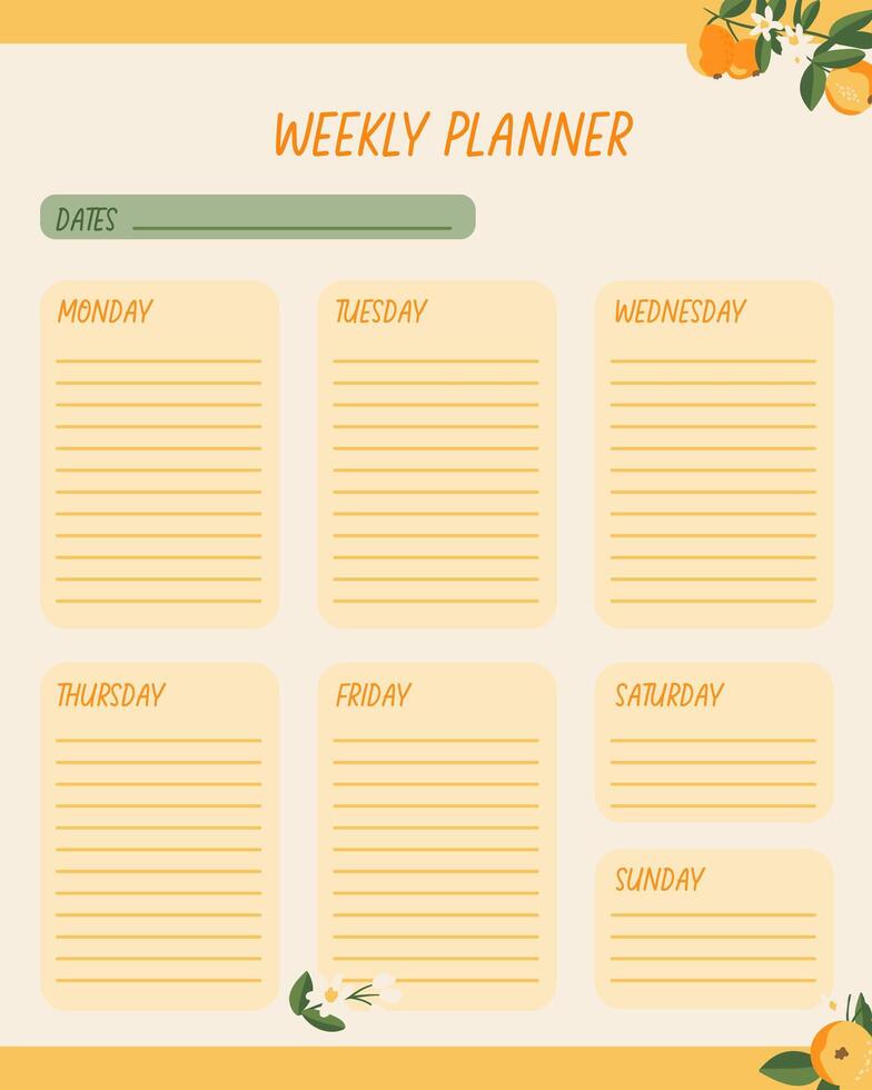 weekly planner template with orange plant and flower background. Organizer and schedule design vector