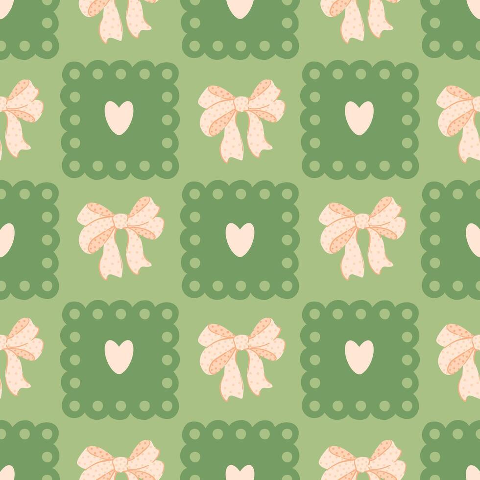 Green pattern with bows and hearts vector