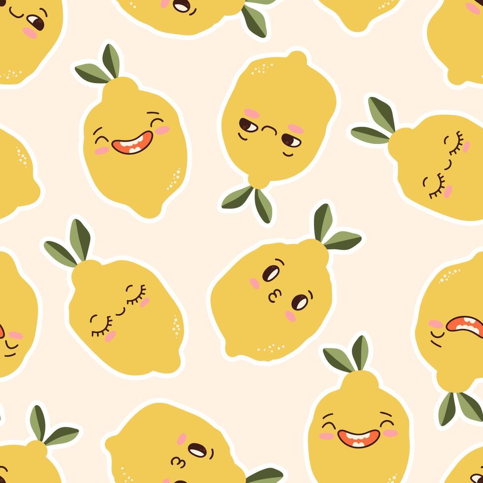 Cute lemon pattern with smiling faces vector