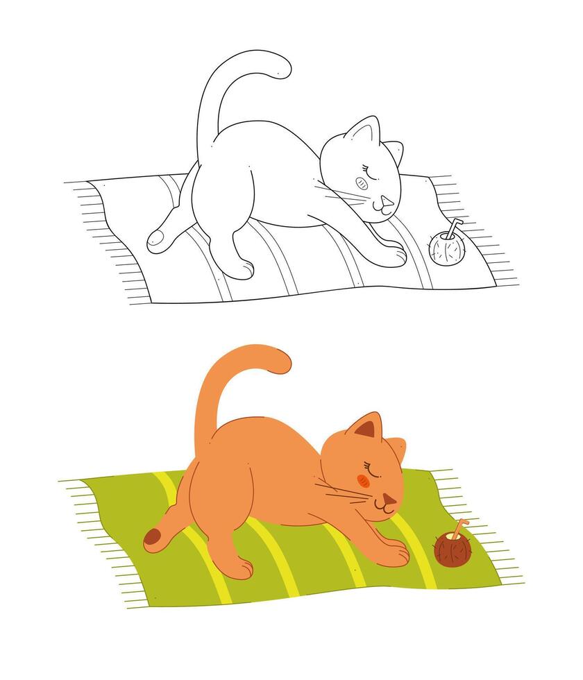 Two cute cats stretches on a beach towel. Clip art for your projects. vector