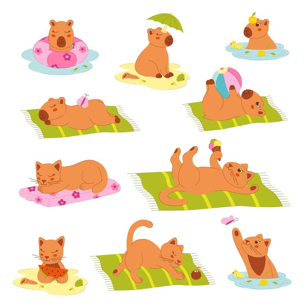 Cats and bears enjoying summer activities vector