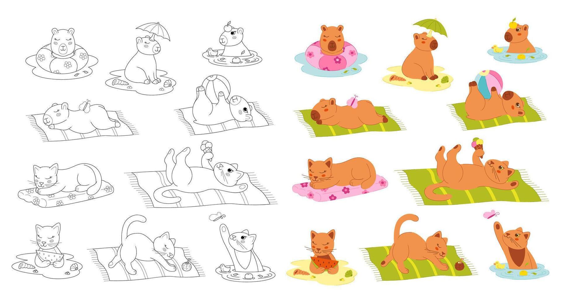 Cats and bears enjoying summer activities vector