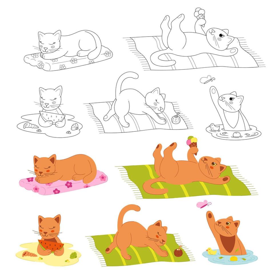Illustrations of playful and sleepy cats vector