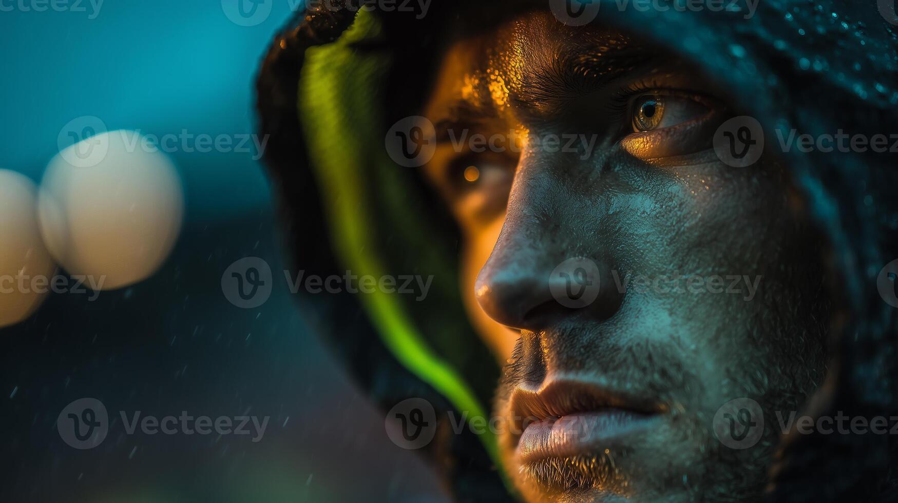 Close-up portrait of man in rain photo