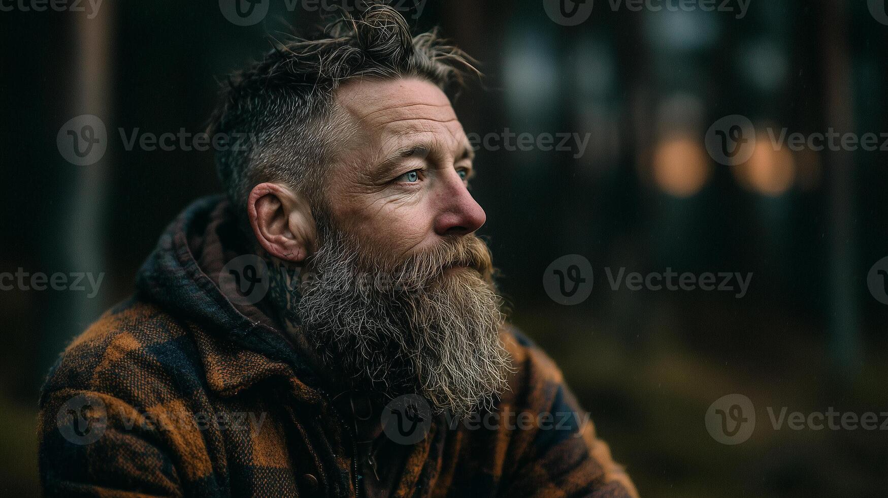 A middle-aged man with a thick beard looks thoughtfully into the distance, sitting in the forest in a cozy plaid jacket, illuminated by the soft evening light. photo