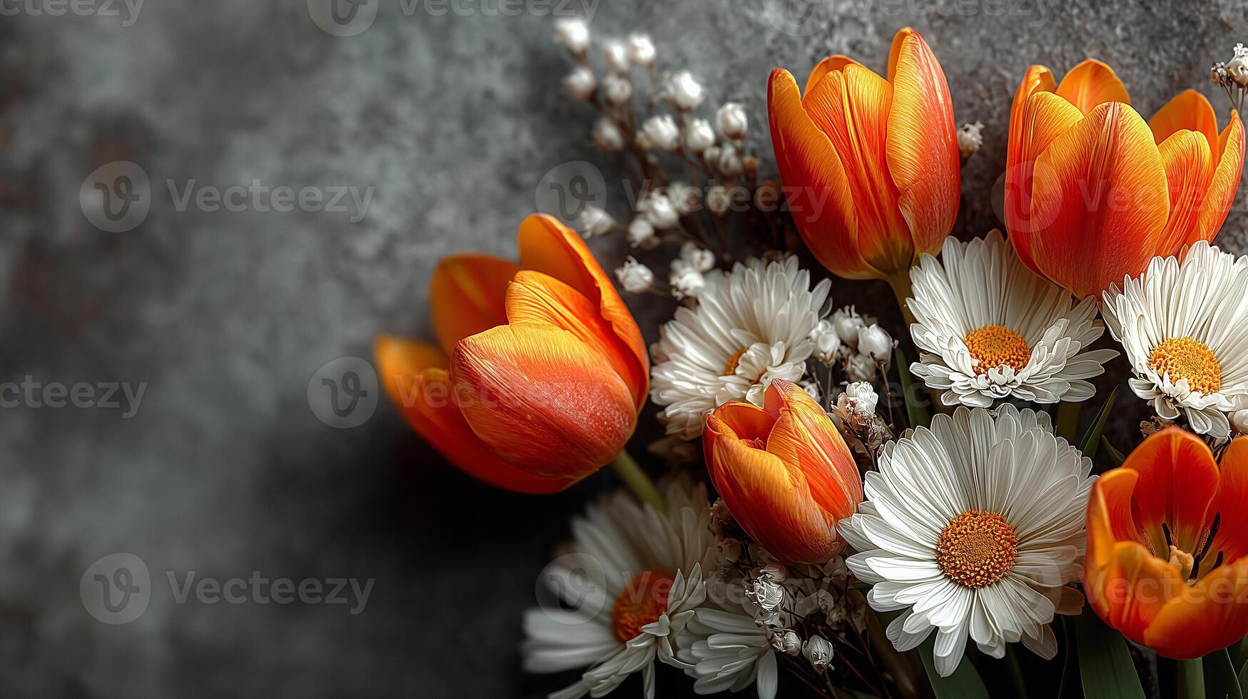 A bouquet of bright orange tulips and snow-white daisies with a yellow center stands out effectively against a dark gray background, creating a harmonious floral composition. photo