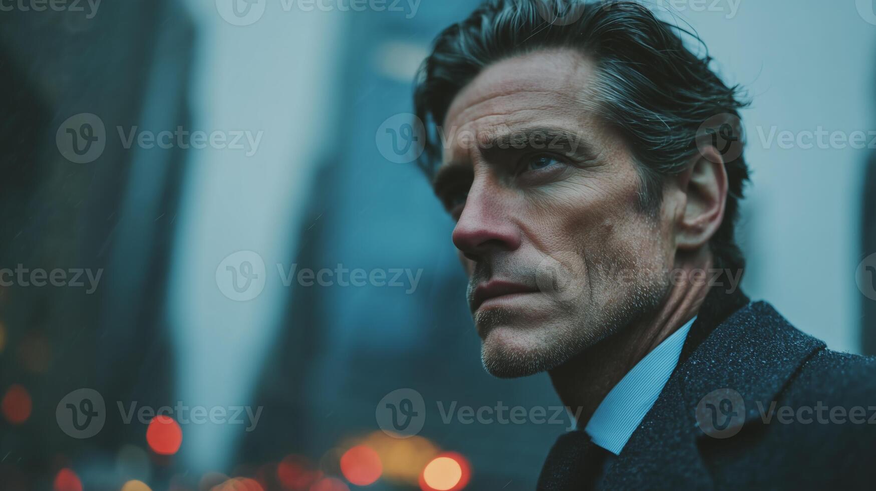 A man with gray hair at his temples looks into the distance on a cold day, the cityscape behind him blurring into blues and grays. photo