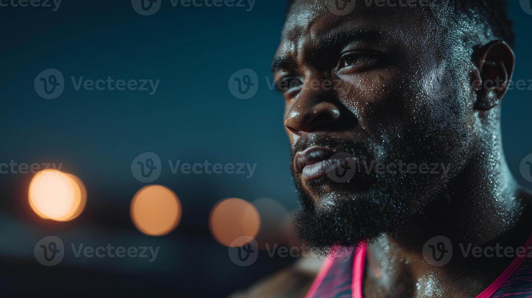 Close-up of an athlete covered in sweat with a focused and determined expression against the backdrop of evening lighting. photo