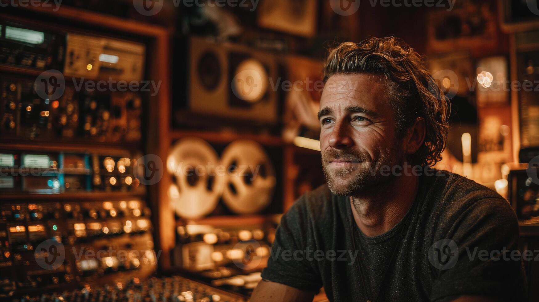 A young man with a beard and wavy hair smiles as he sits in a cozy recording studio surrounded by analog equipment and reel-to-reel tape recorders. photo