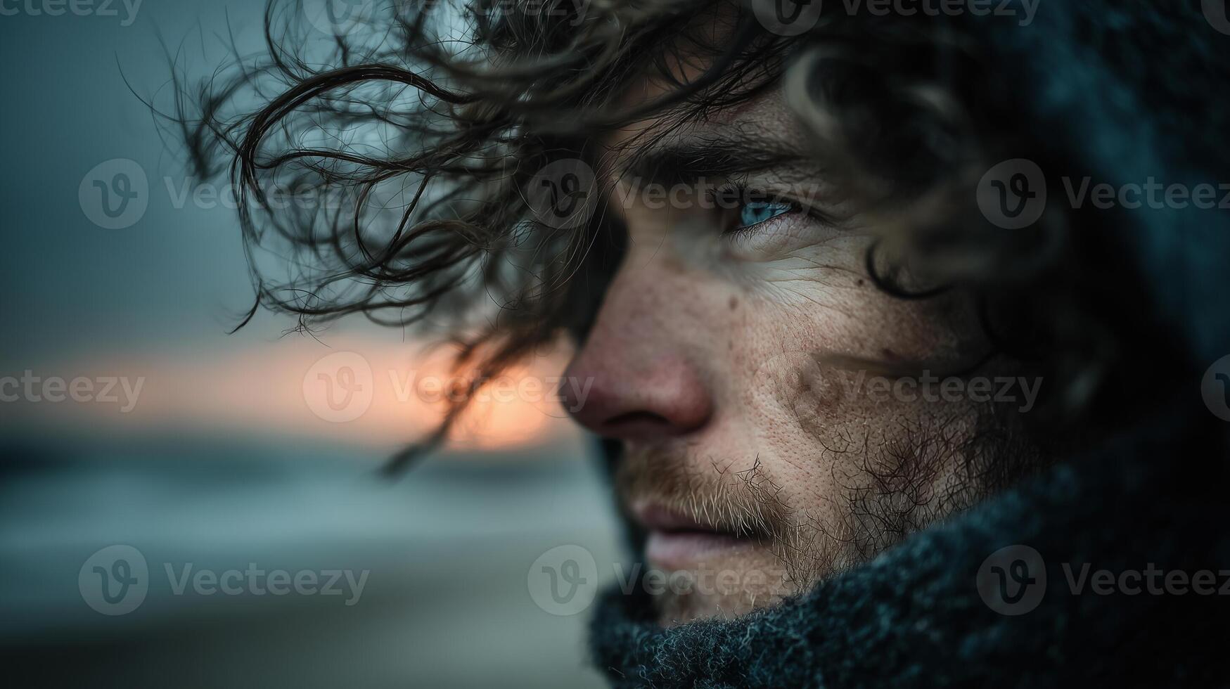 A hooded man looks into the distance against a sunset sky by the sea, his hair blowing in the wind. photo