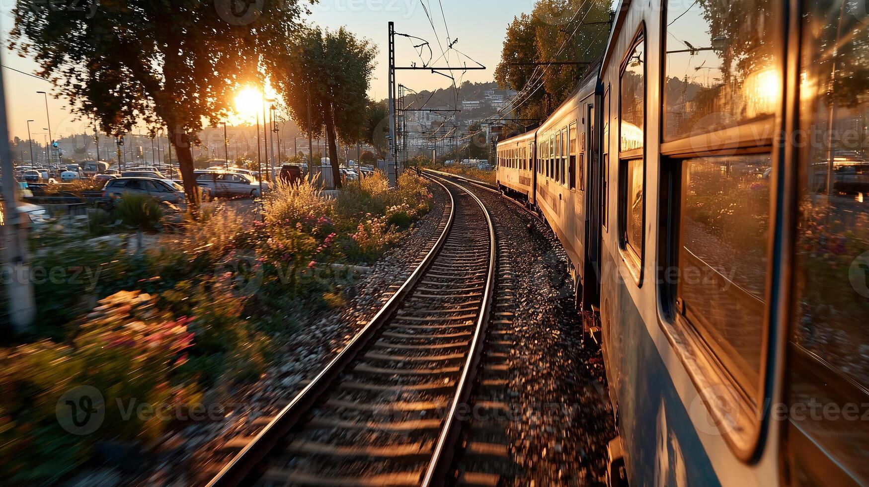 The train speeds along the curved tracks at sunset, reflecting the warm light of the setting sun in the windows - an urban scene full of movement and beauty. photo