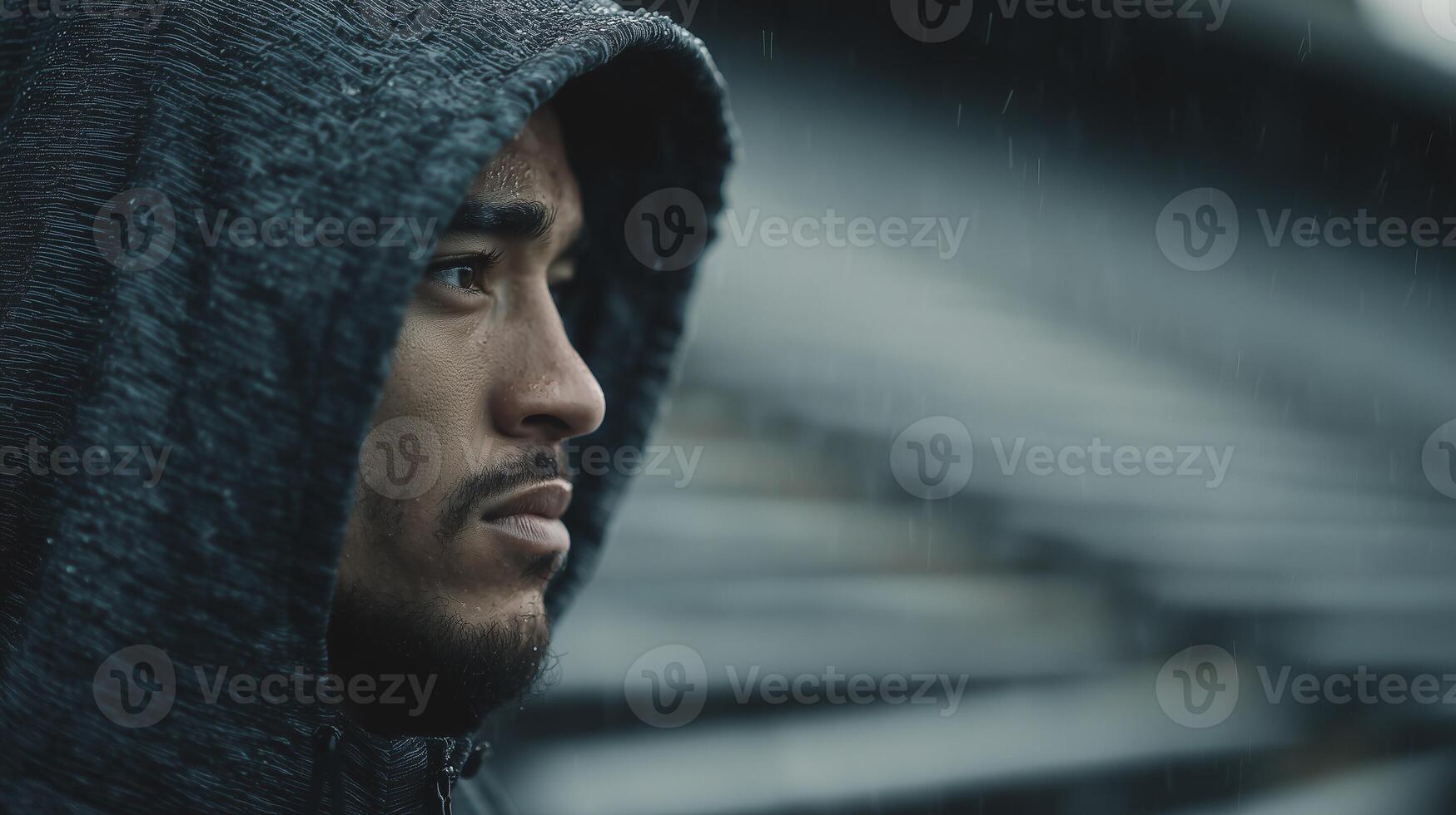 A young man in a dark hoodie stands in the rain against the backdrop of empty stands, looking into the distance with an expression of concentration and determination. photo