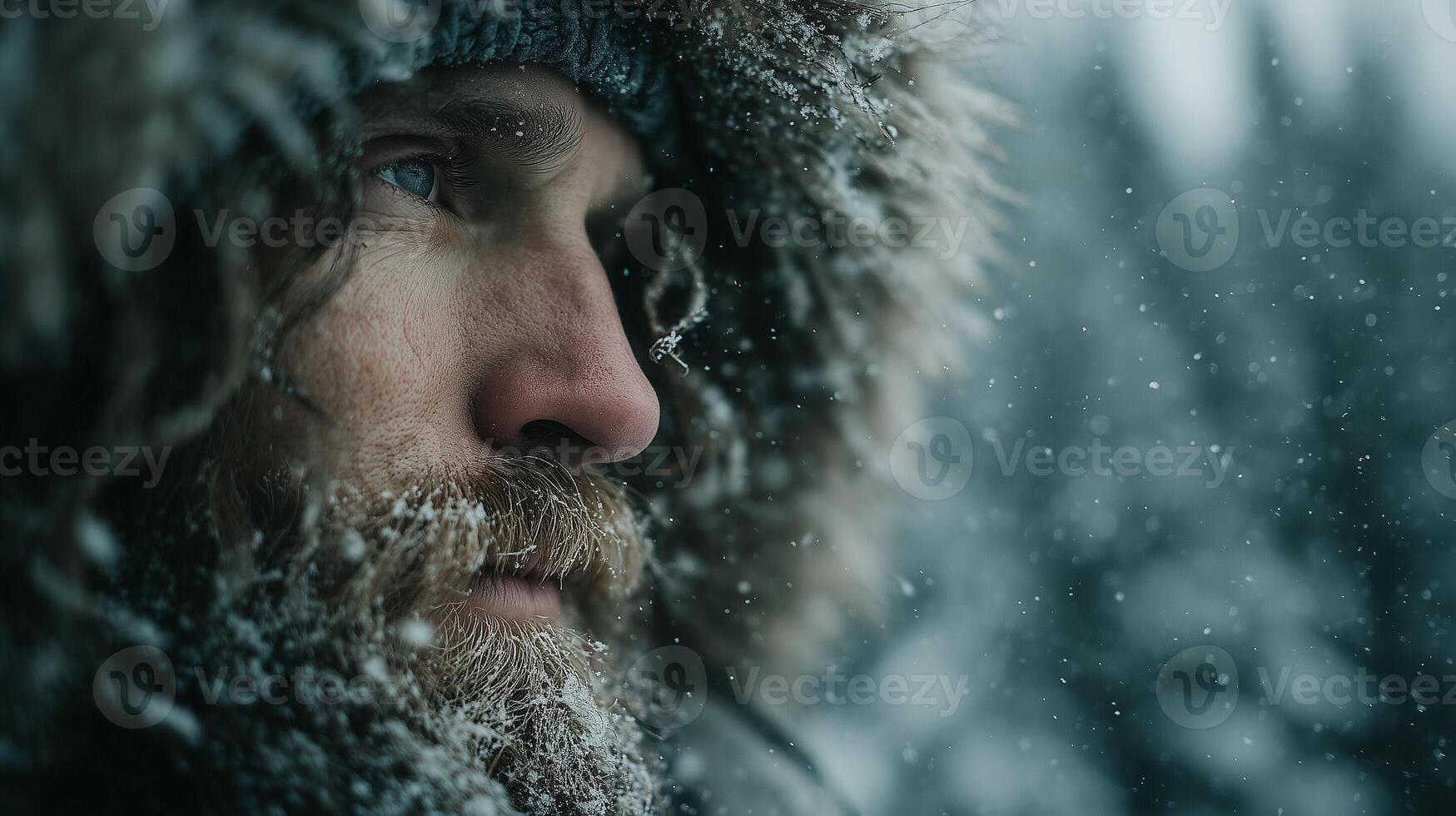 A man in winter clothes looks into the distance through a snowstorm, his face covered in frost and his gaze full of determination and concentration. photo