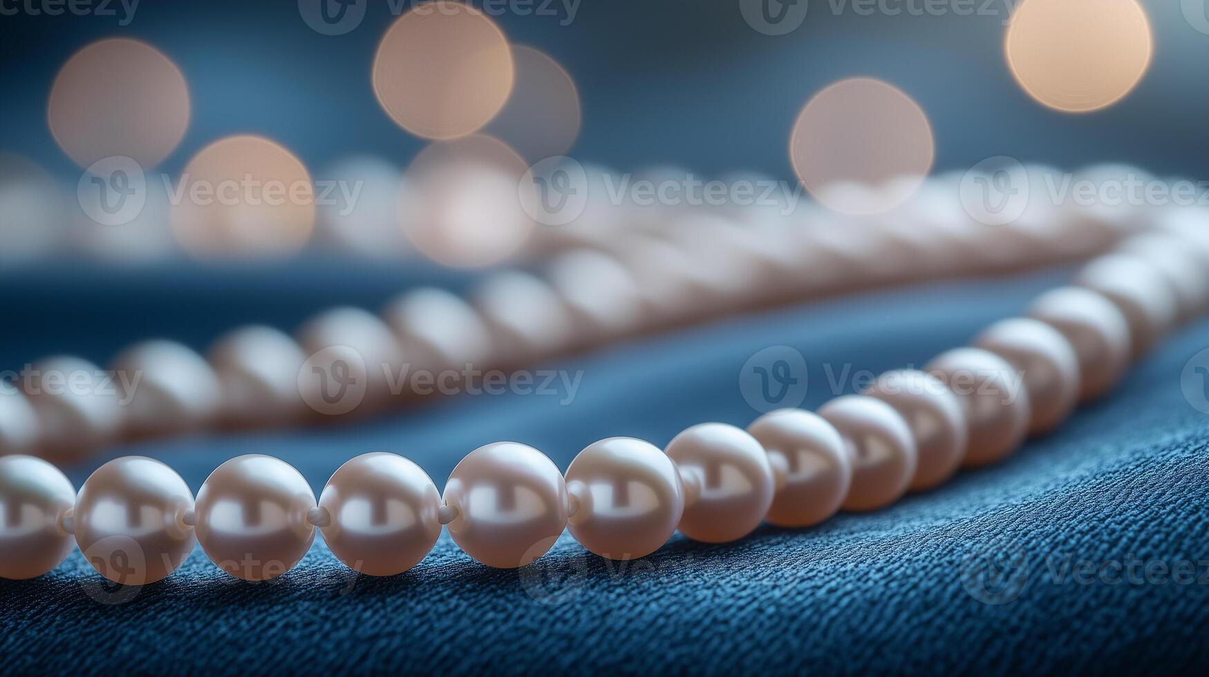 Close-up of a pearl necklace lying on a blue velvet fabric with soft out of focus and warm bokeh in the background. photo