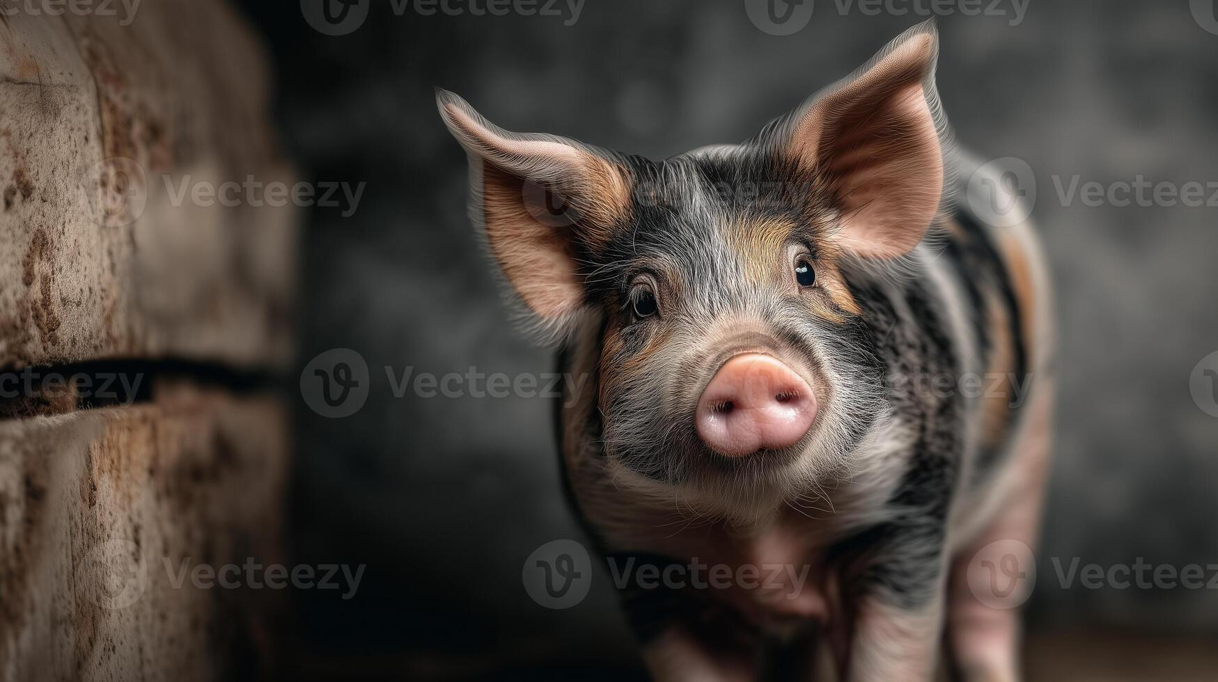 A young striped piglet poses against a dark barn, showing off its cute face and fluffy fur. photo