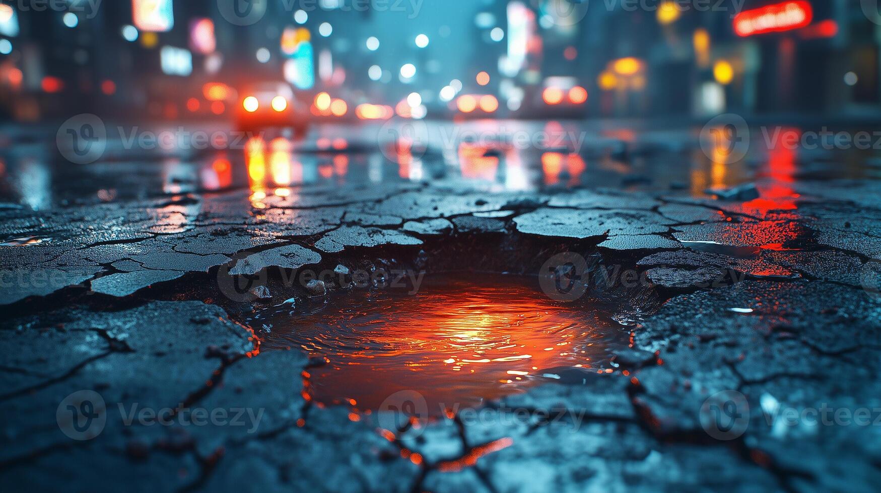 The bright lights of the city at night are reflected in puddles on the cracked asphalt, creating an atmosphere of street drama and urban mystery. photo