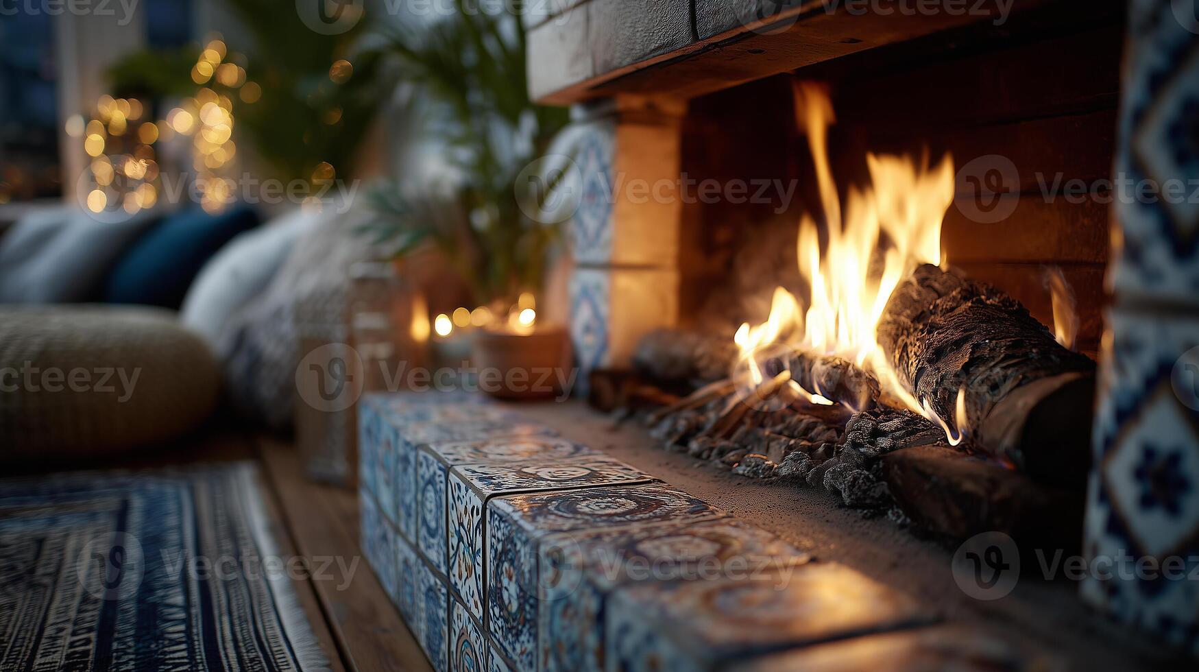A cozy interior with a burning fireplace lined with decorative tiles creates an atmosphere of warmth and peace in the soft evening light. photo
