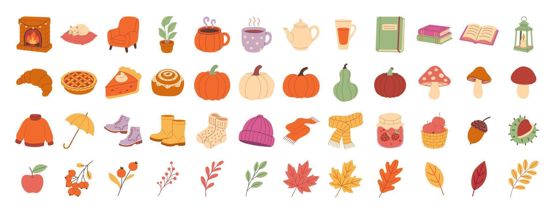 Colorful icons of autumn items and decorations vector