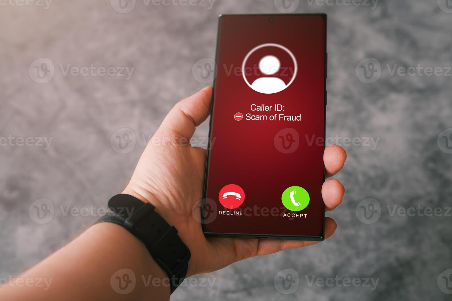 Woman holding phone while receiving unwanted call. Spam, scam, phishing and fraud concept. Security technology. photo