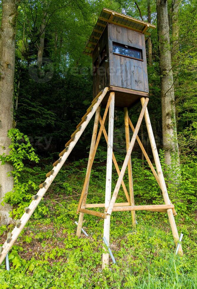 A hunting tower stands on the edge of a forest near the dirt road in a valley meadows against a blue sky photo
