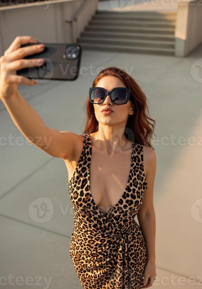 Confident brunette influencer captures perfect selfie wearing leopard print dress and sunglasses photo